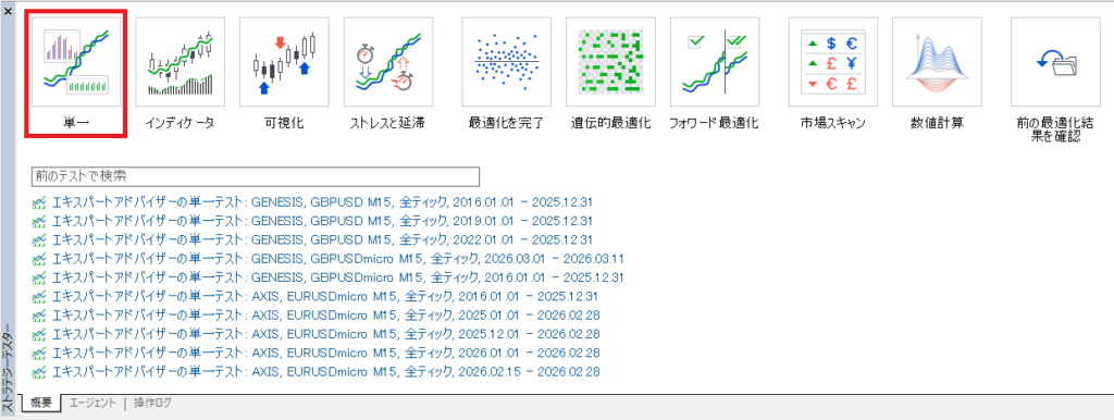 ストラテジーテスターを開いた画面